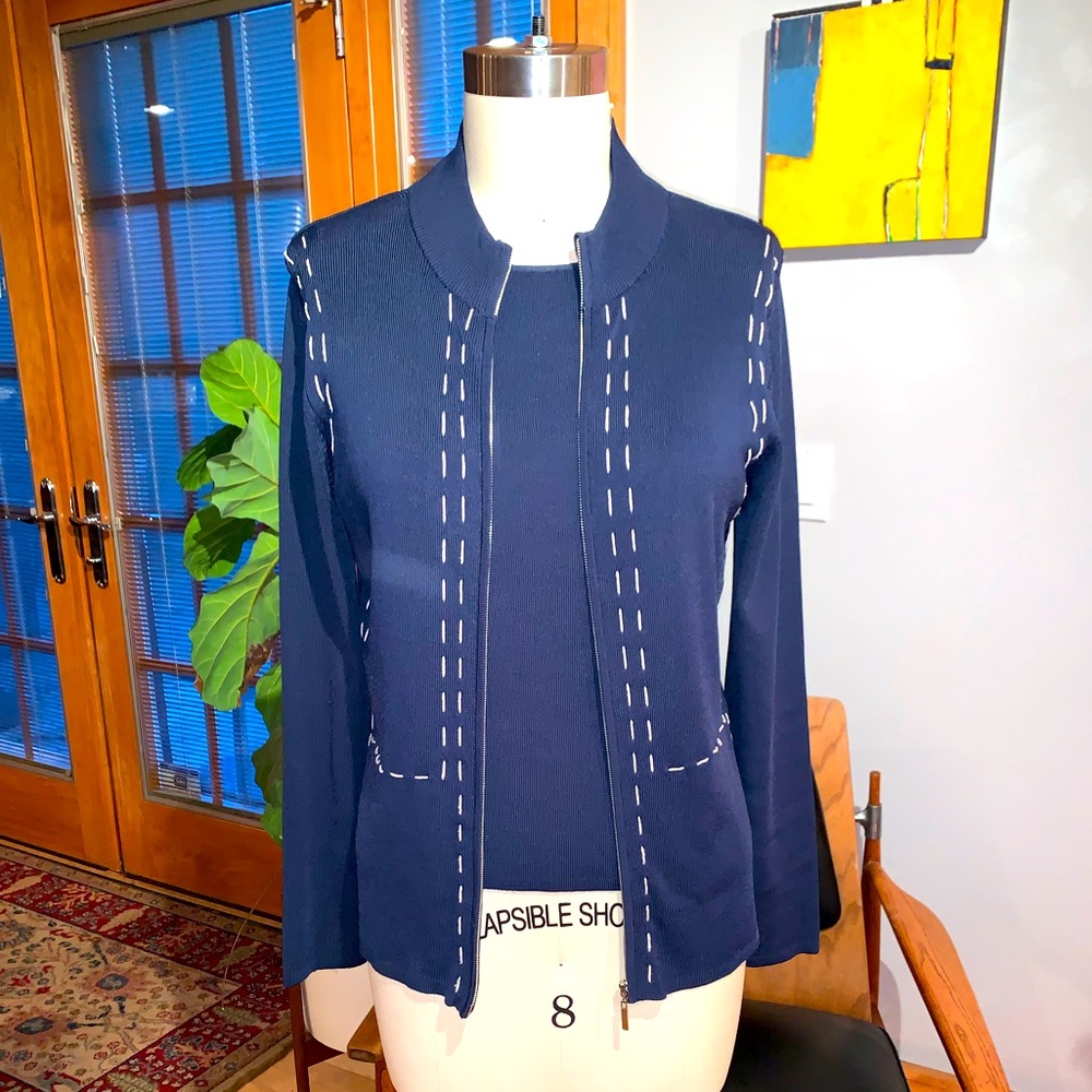 Anne Klein II Navy and cream cardigan set in substantial knit. 2 pieces